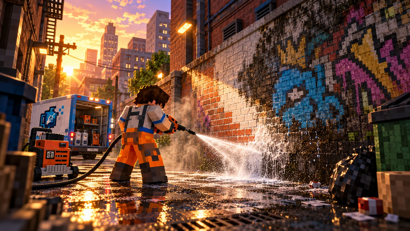 Spray cleaning a graffiti wall
