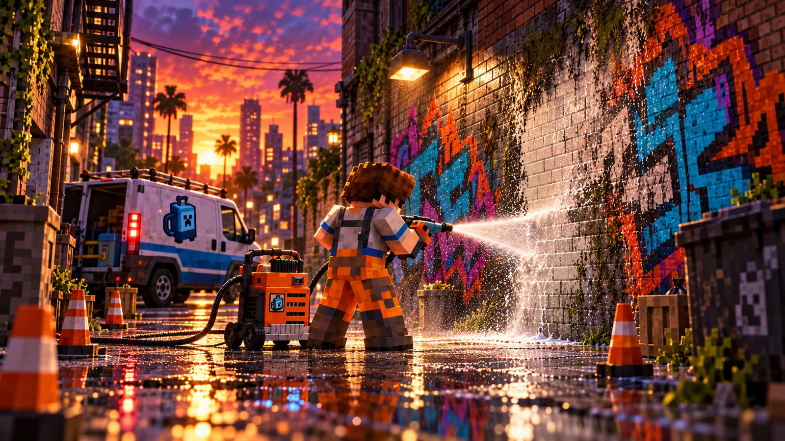 Spray cleaning a graffiti wall